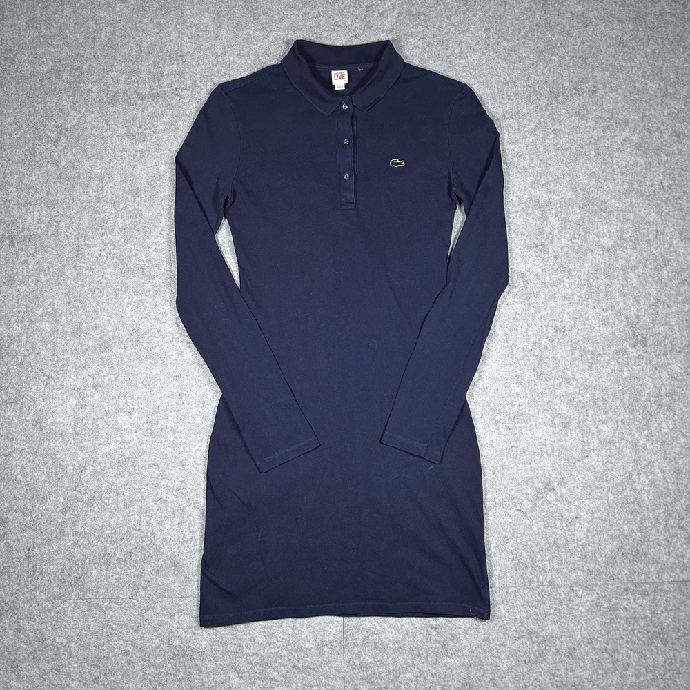 Lacoste Live Midi Dress Women Size 5 Navy Blue Knee Length Long Sleeve Collared
